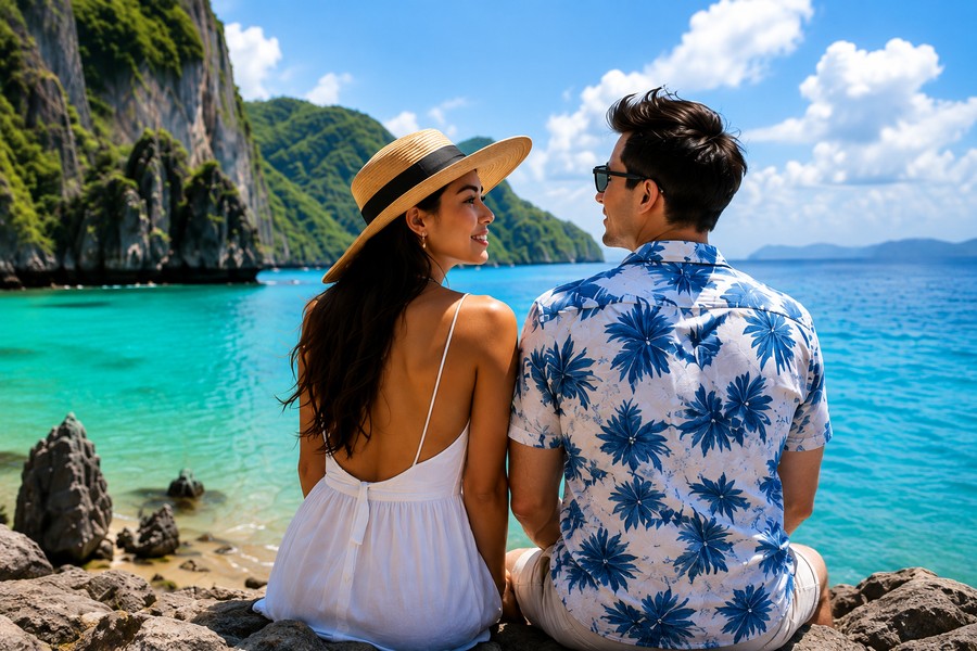 Travelers overlooking a turquoise bay in the Philippines